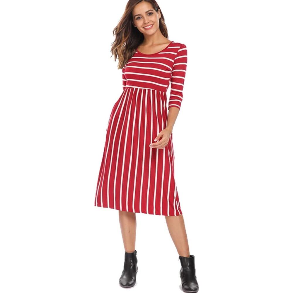 Women’s 3/4 Sleeve Stripe Scoop Neck Elastic Waist Casual Dress Size S Red White